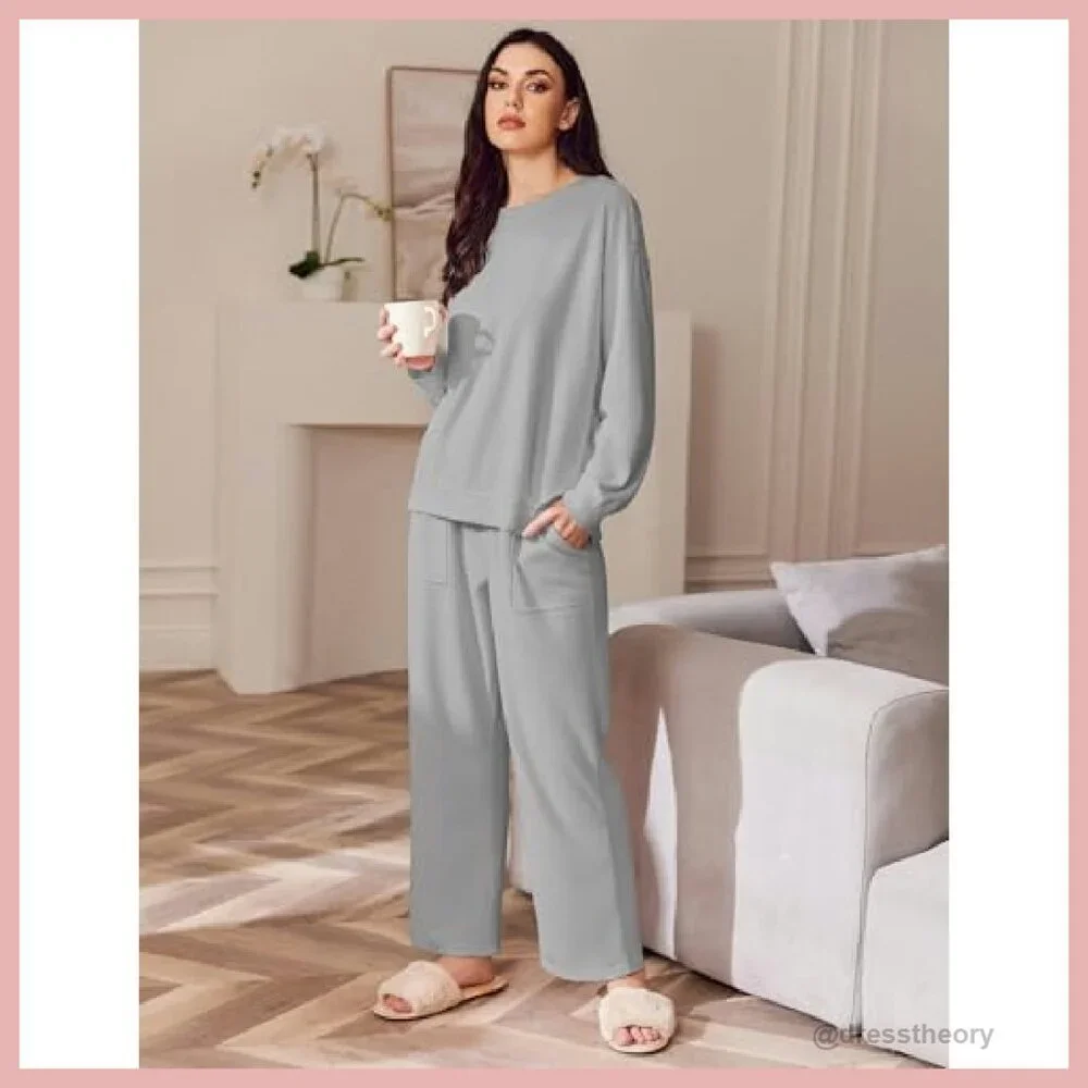 Women's Micro Fleece Lounge Set Long Sleeve Top Wide Leg Pants - Picture 5 of 8